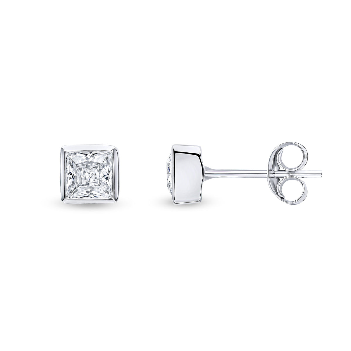 9ct White Gold Square Cubic Zirconia CZ Rubover Stud Earrings — 4mm
