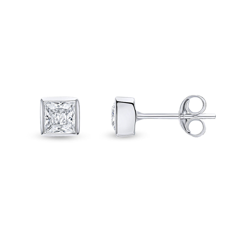 9ct White Gold Square Cubic Zirconia CZ Rubover Stud Earrings — 4mm
