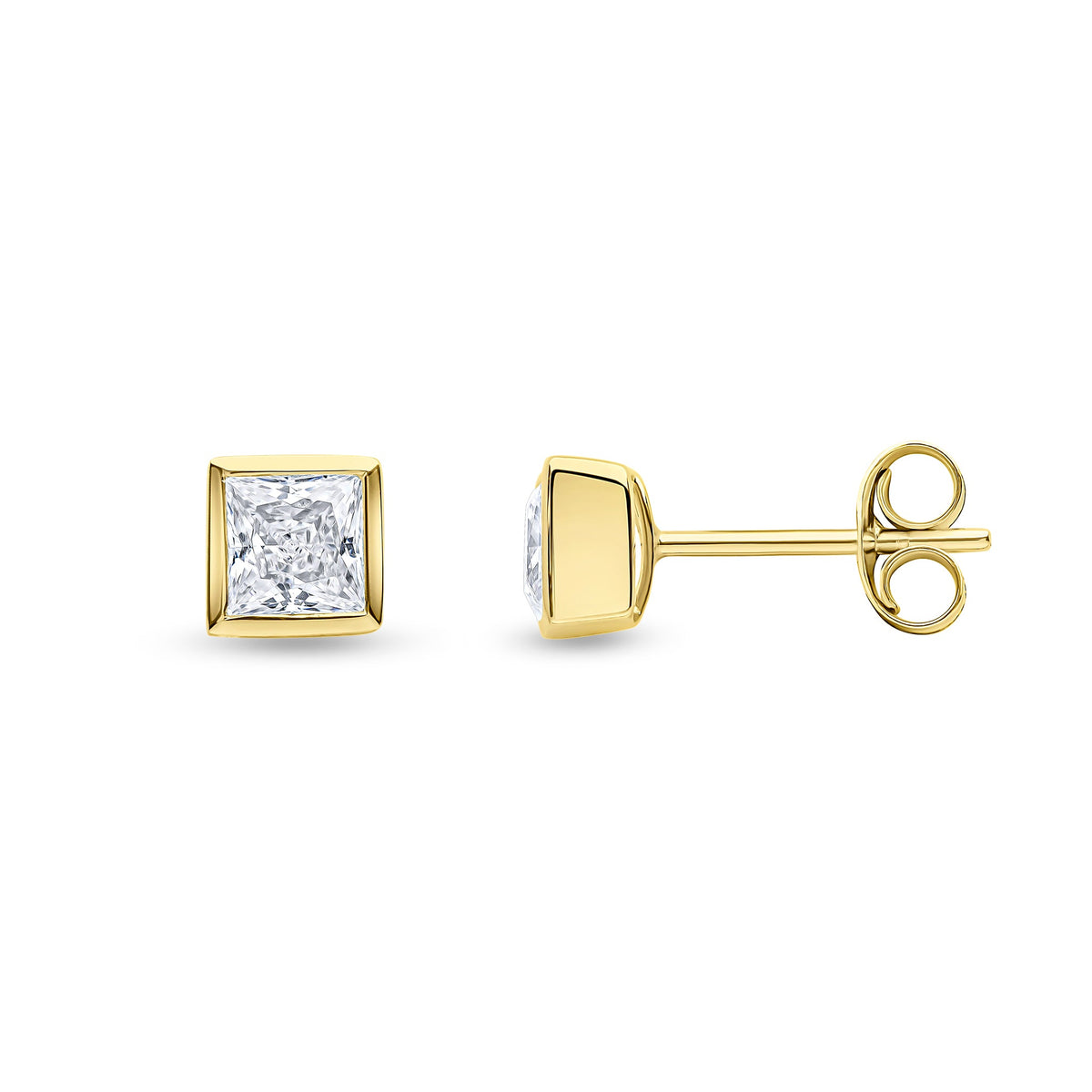 9ct Yellow Gold Square Cubic Zirconia CZ Rubover Stud Earrings — 4mm