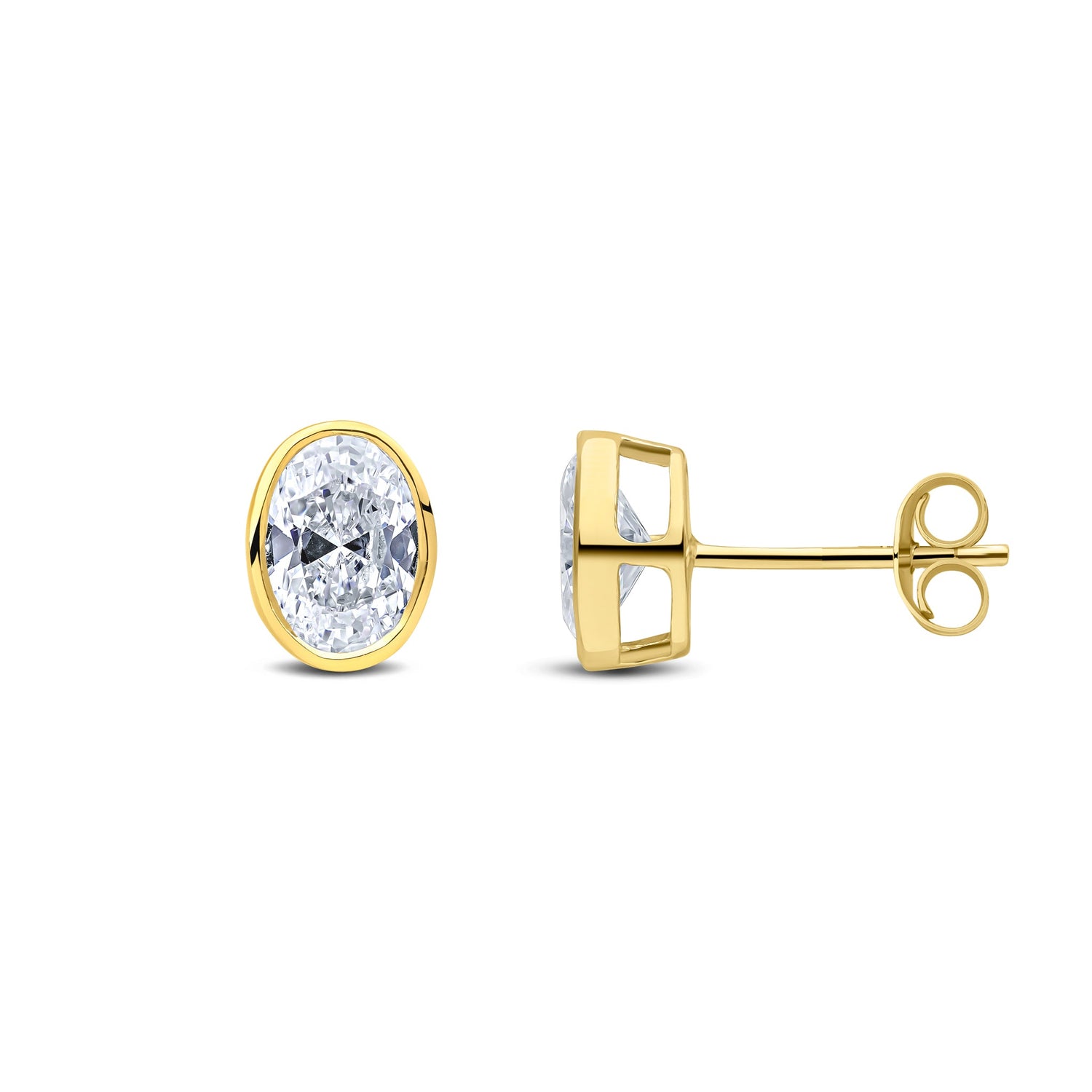 9ct Yellow Gold Oval Cubic Zirconia Rubover Stud Earrings — 7x5mm