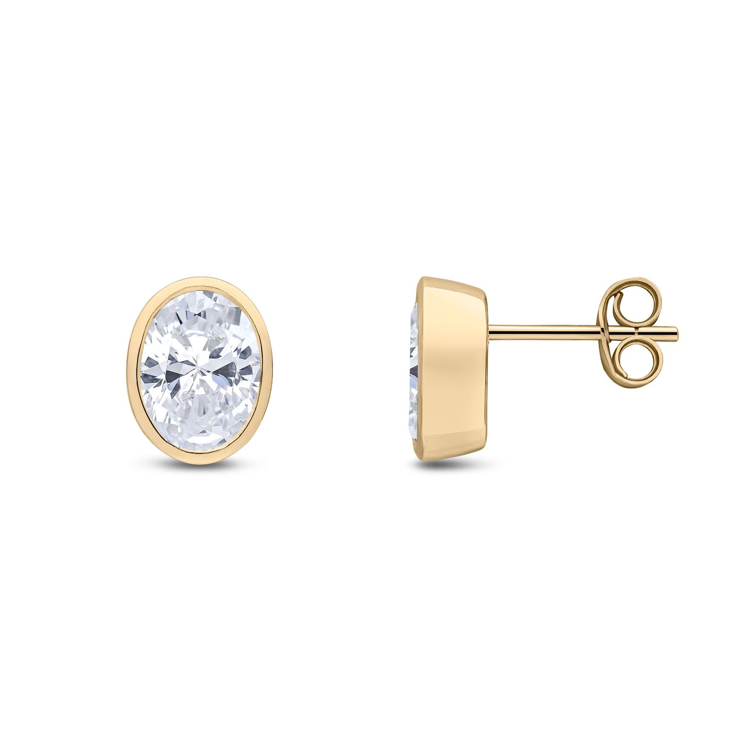9ct Yellow Gold Oval Cubic Zirconia Rubover Stud Earrings — 8x6mm