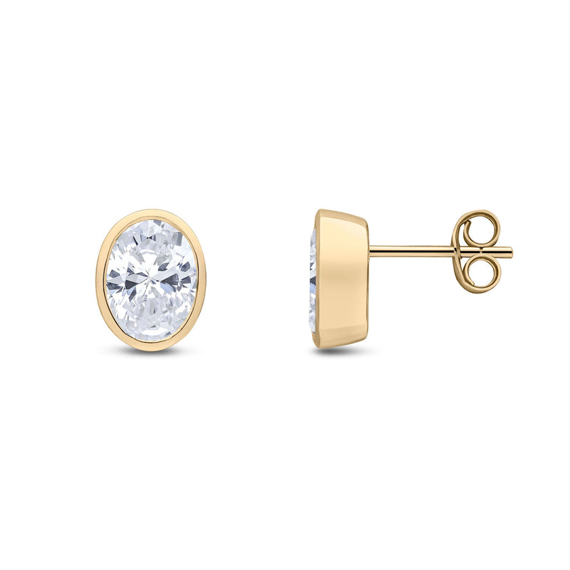 9ct Yellow Gold Oval Cubic Zirconia CZ Rubover Stud Earrings — 8x6mm
