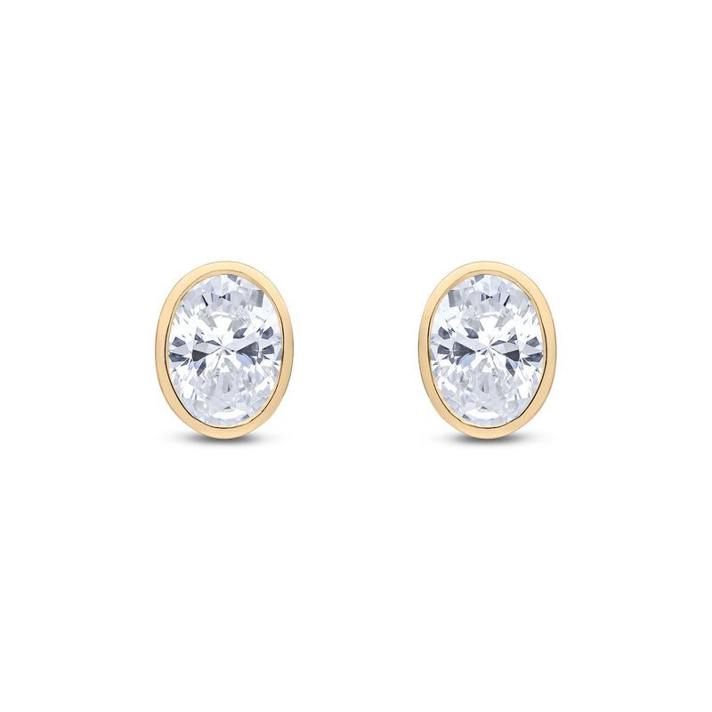 9ct Yellow Gold Oval Cubic Zirconia CZ Rubover Stud Earrings — 8x6mm