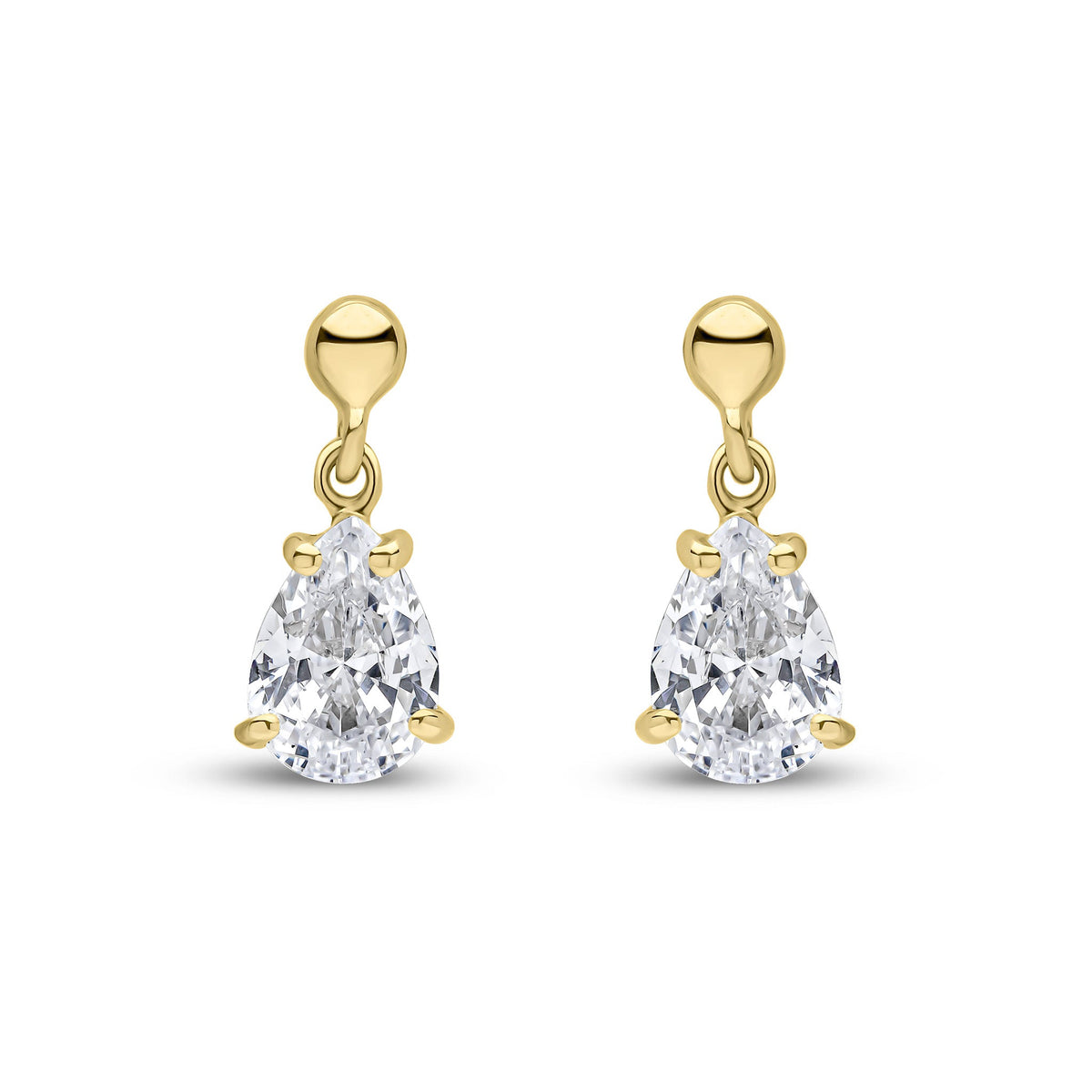 9ct Yellow Gold Pear Shaped Cubic Zirconia CZ Claw Drop Earrings — 7x5mm