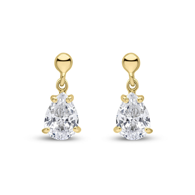 9ct Yellow Gold Pear Shaped Cubic Zirconia CZ Claw Drop Earrings — 7x5mm
