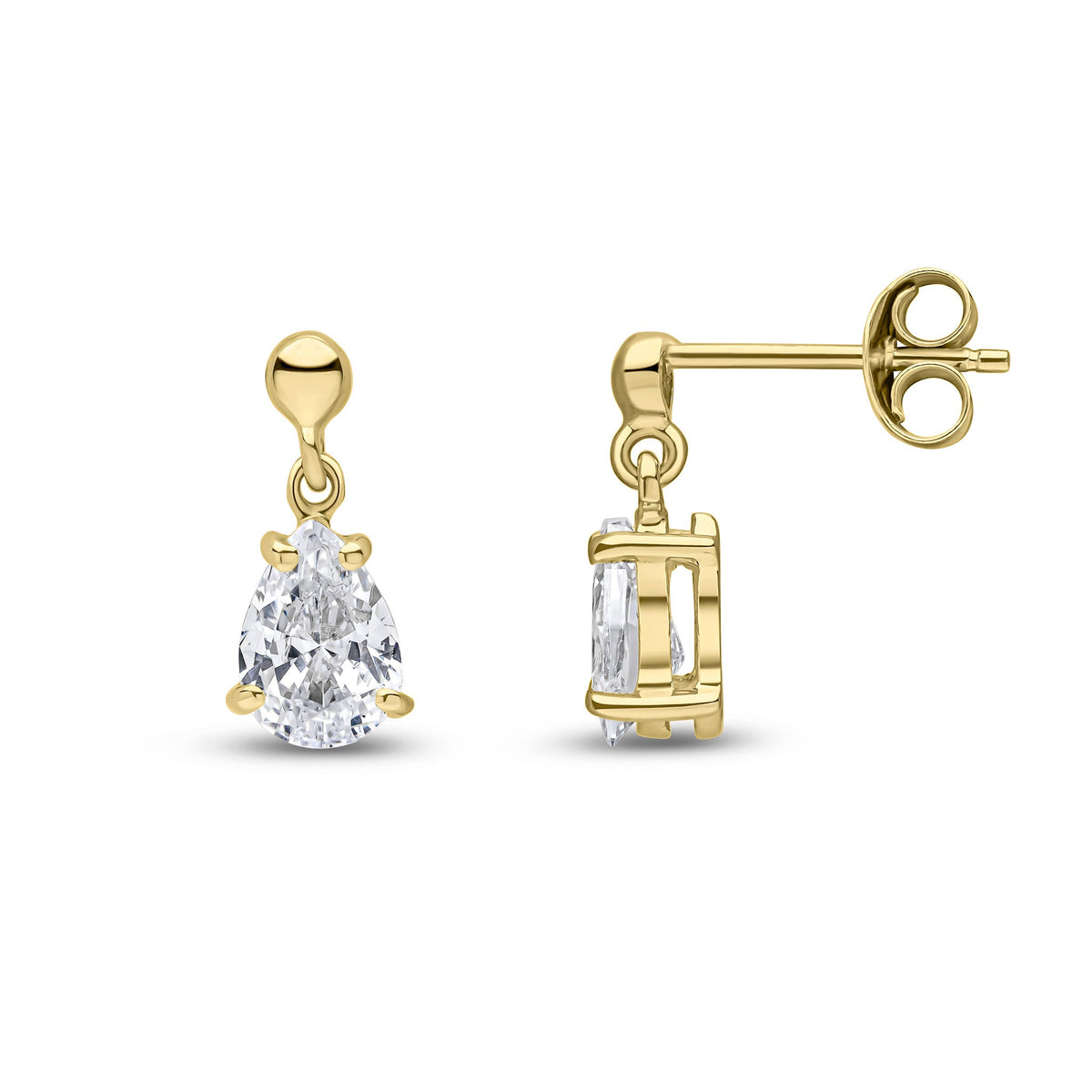 9ct Yellow Gold Pear Shaped Cubic Zirconia CZ Claw Drop Earrings — 7x5mm