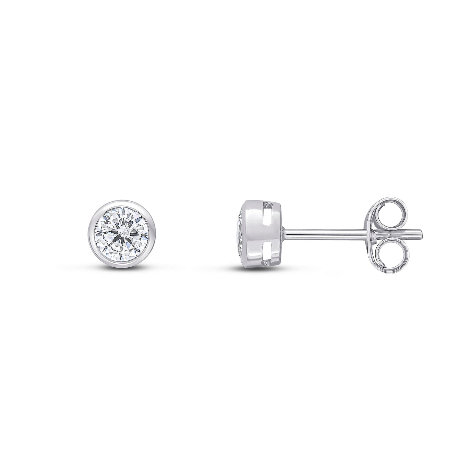 9ct White Gold Round Cubic Zirconia Rubover Stud Earrings — 4mm
