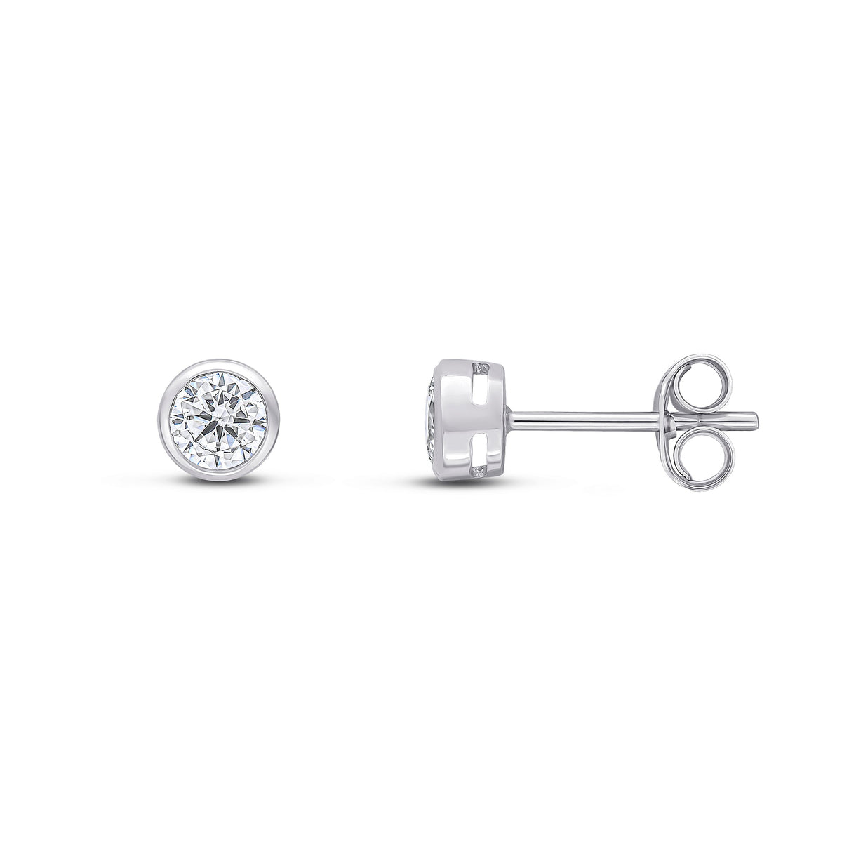 9ct White Gold Round Cubic Zirconia CZ Rubover Stud Earrings — 4mm