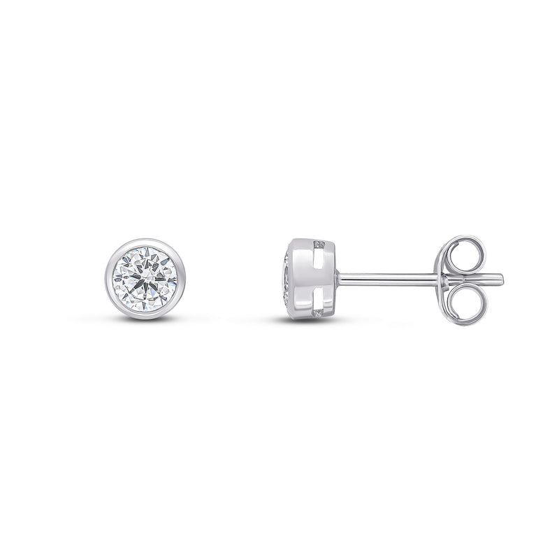 9ct White Gold Round Cubic Zirconia CZ Rubover Stud Earrings — 4mm