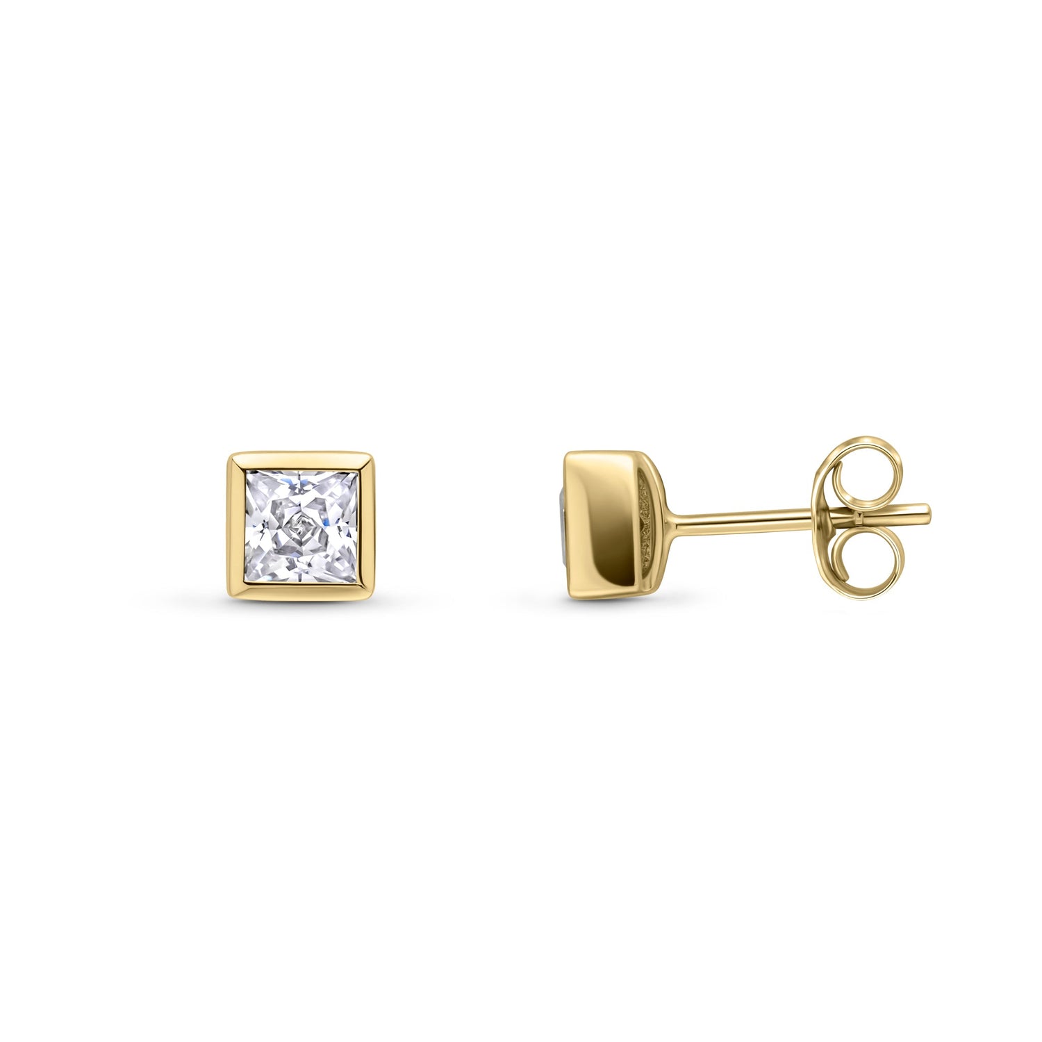 9ct Yellow Gold Square Cubic Zirconia Rubover Stud Earrings — 3mm