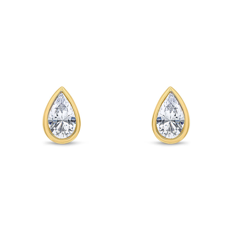 9ct Yellow Gold Pear Shaped Cubic Zirconia CZ Rubover Stud Earrings — 5x3mm