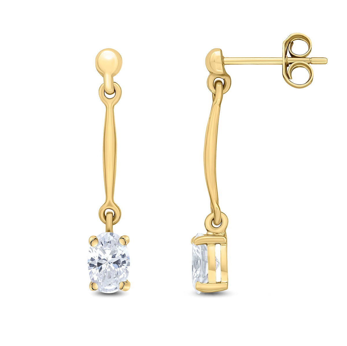 9ct Yellow Gold Oval Cubic Zirconia CZ Claw Bar Drop Earrings — 6x4mm
