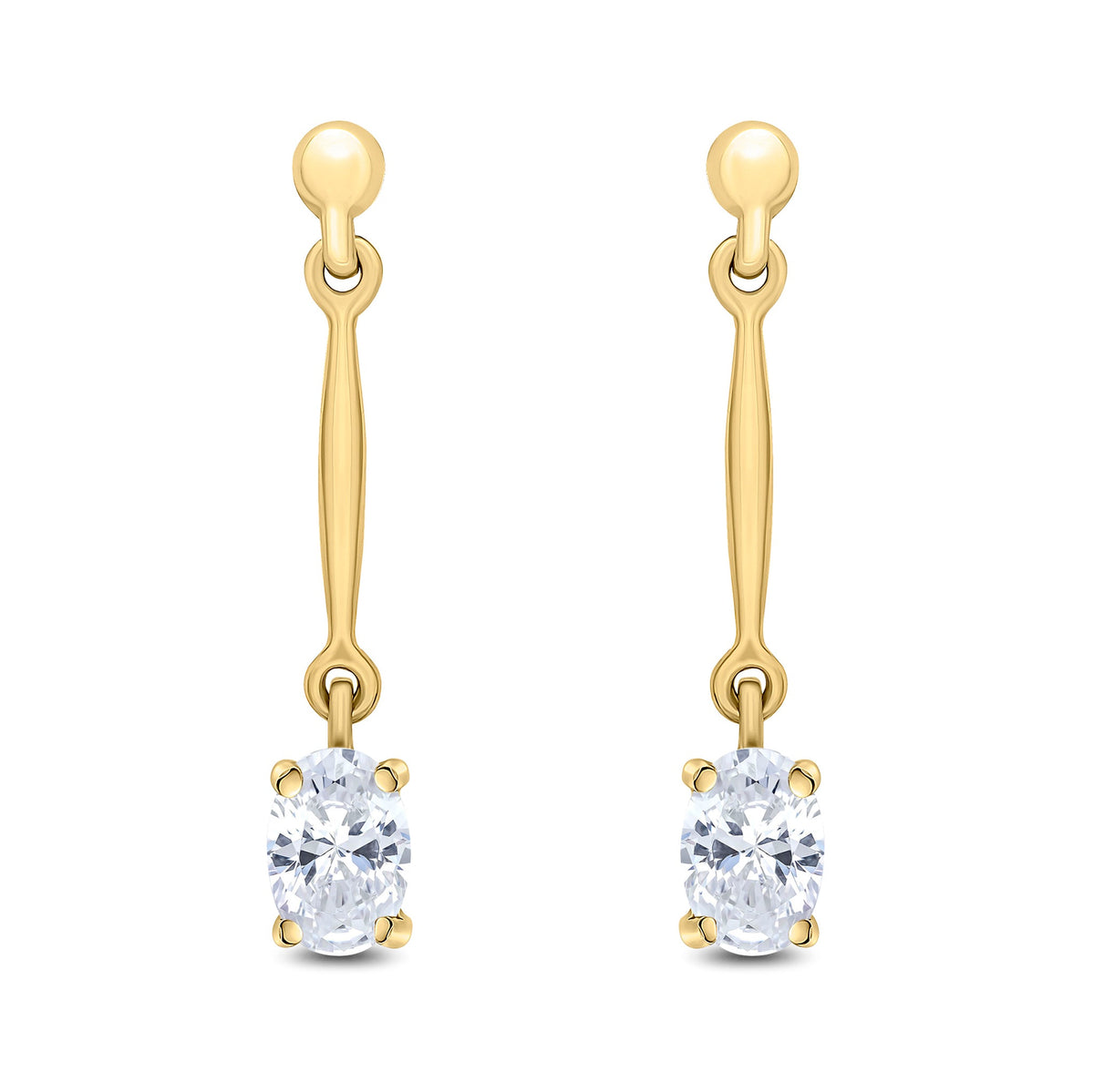 9ct Yellow Gold Oval Cubic Zirconia CZ Claw Bar Drop Earrings — 6x4mm