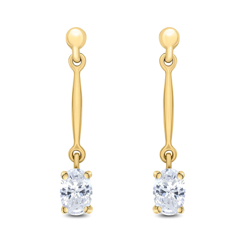 9ct Yellow Gold Oval Cubic Zirconia CZ Claw Bar Drop Earrings — 6x4mm