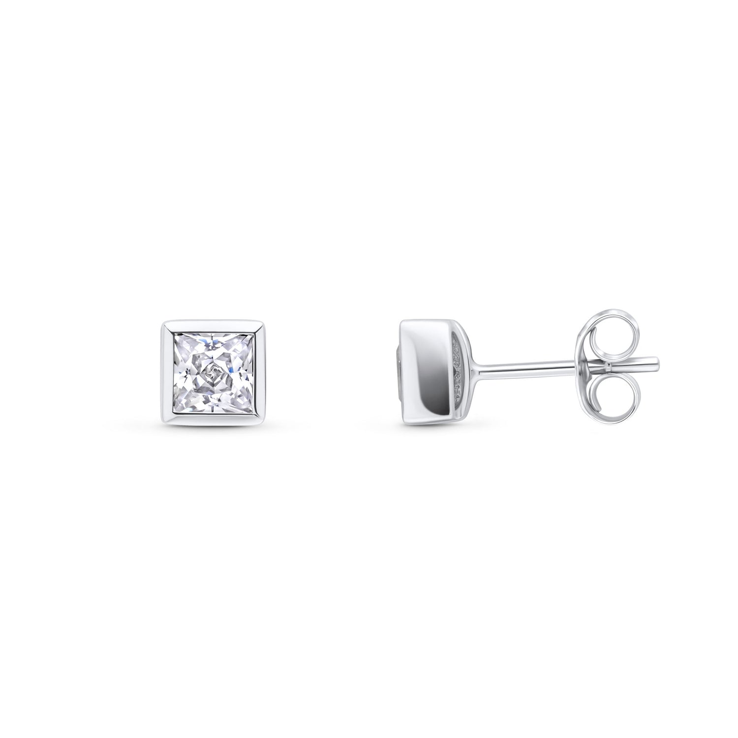 9ct White Gold Square Cubic Zirconia Rubover Stud Earrings — 3mm