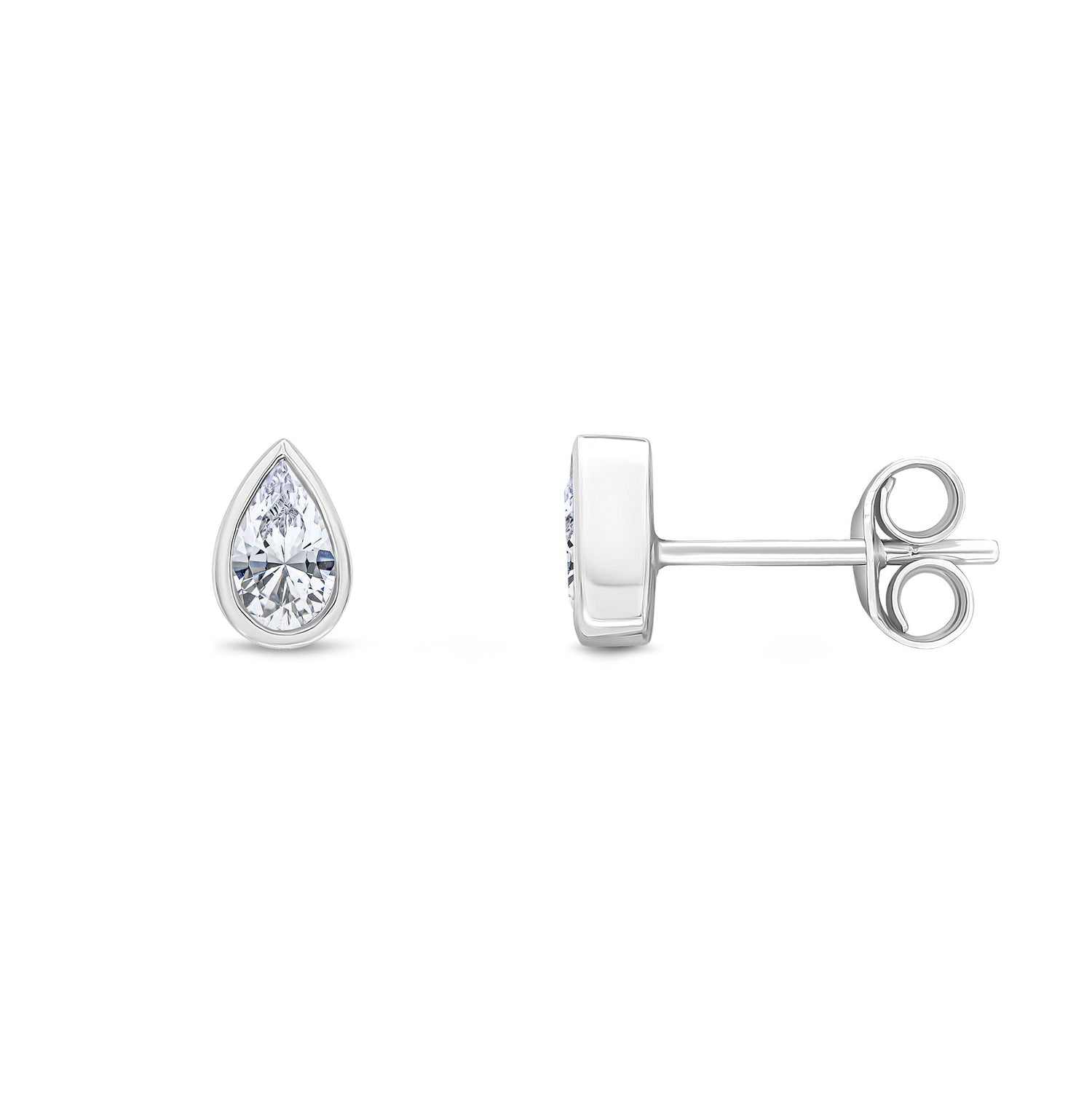 9ct White Gold Pear Shaped Cubic Zirconia Rubover Stud Earrings — 5x3mm