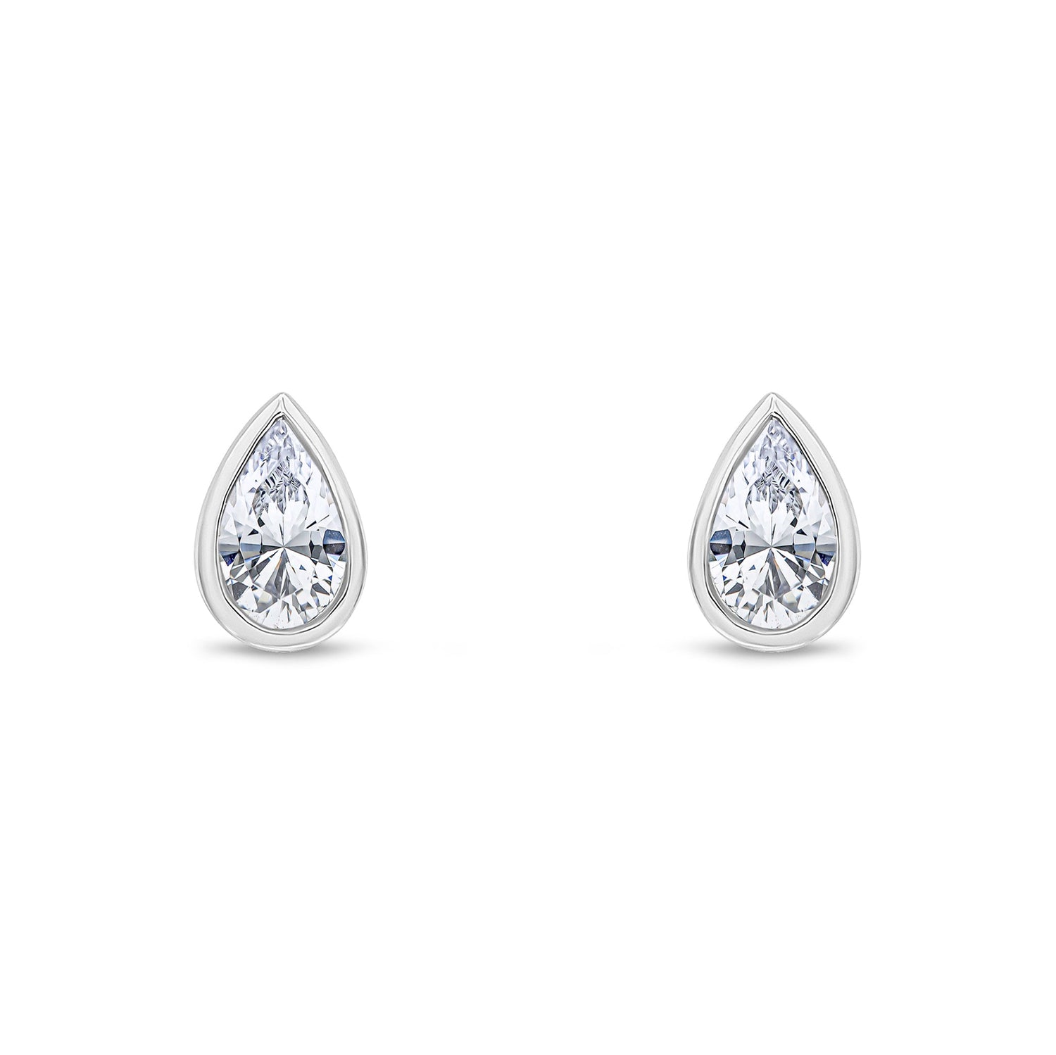 9ct White Gold Pear Shaped Cubic Zirconia Rubover Stud Earrings — 5x3mm
