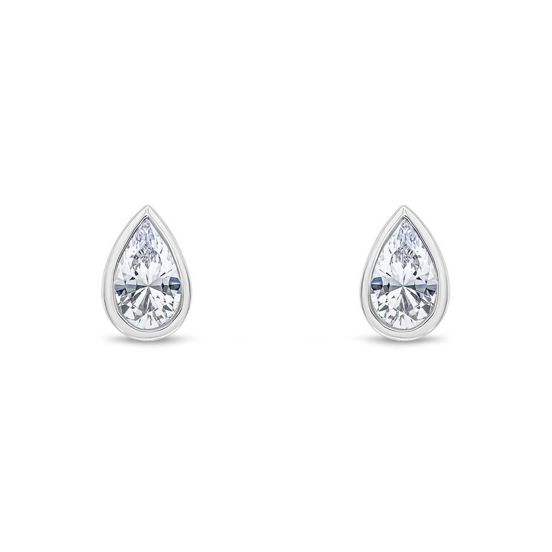 9ct White Gold Pear Shaped Cubic Zirconia CZ Rubover Stud Earrings — 5x3mm