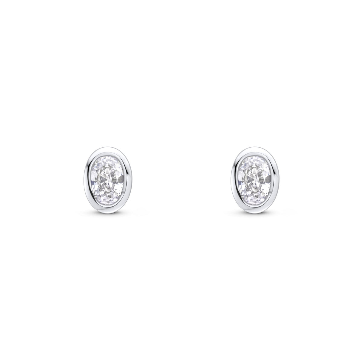 9ct White Gold Oval Cubic Zirconia CZ Rubover Stud Earrings — 4x3mm