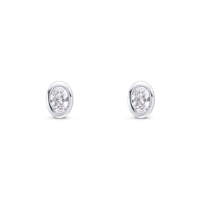 9ct White Gold Oval Cubic Zirconia CZ Rubover Stud Earrings — 4x3mm