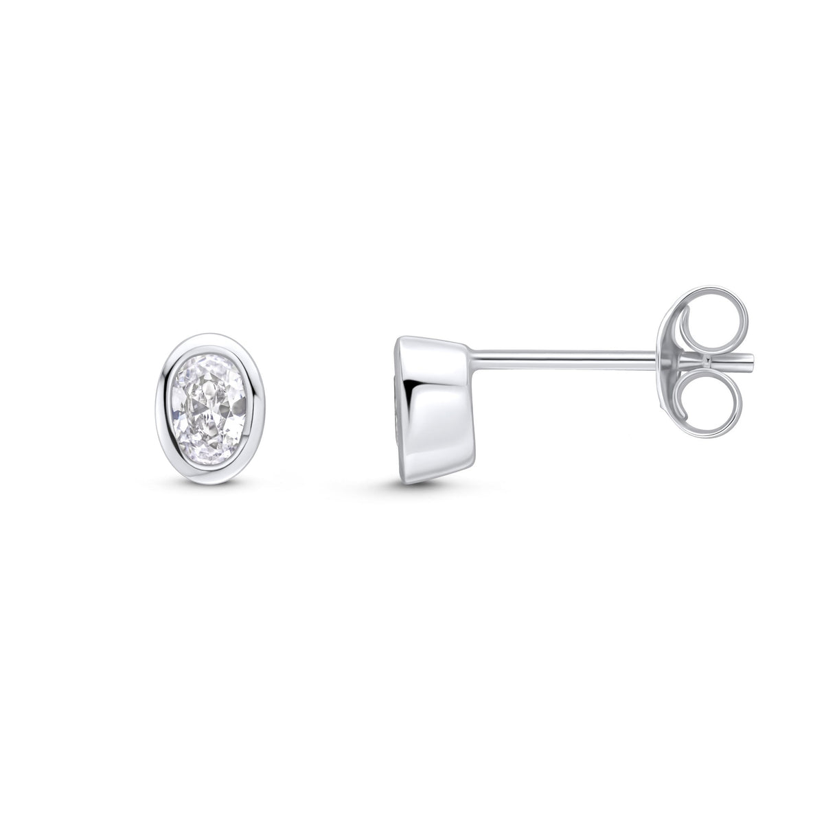 9ct White Gold Oval Cubic Zirconia CZ Rubover Stud Earrings — 4x3mm