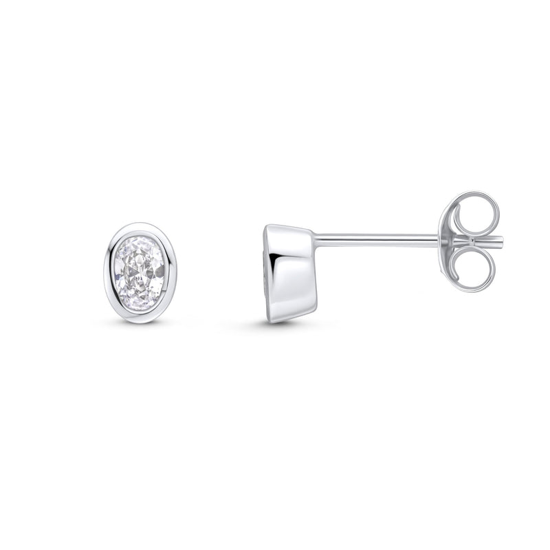 9ct White Gold Oval Cubic Zirconia CZ Rubover Stud Earrings — 4x3mm