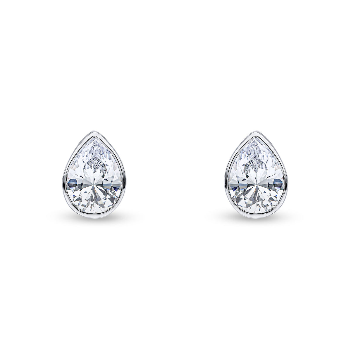 9ct White Gold Pear Shaped Cubic Zirconia CZ Rubover Stud Earrings — 7x5mm