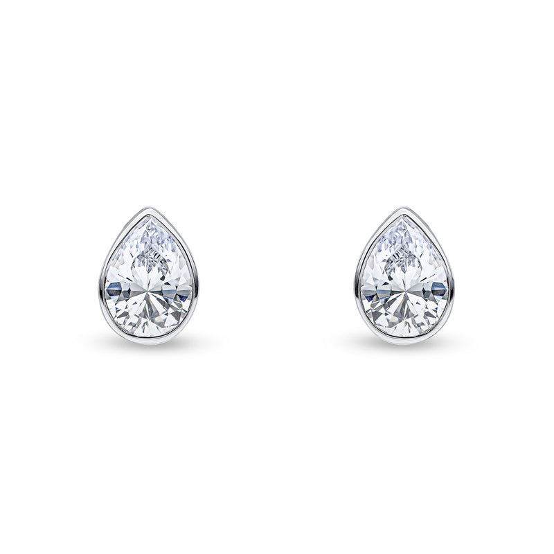 9ct White Gold Pear Shaped Cubic Zirconia CZ Rubover Stud Earrings — 7x5mm
