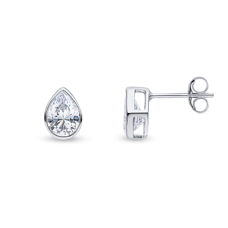 9ct White Gold Pear Shaped Cubic Zirconia CZ Rubover Stud Earrings — 7x5mm