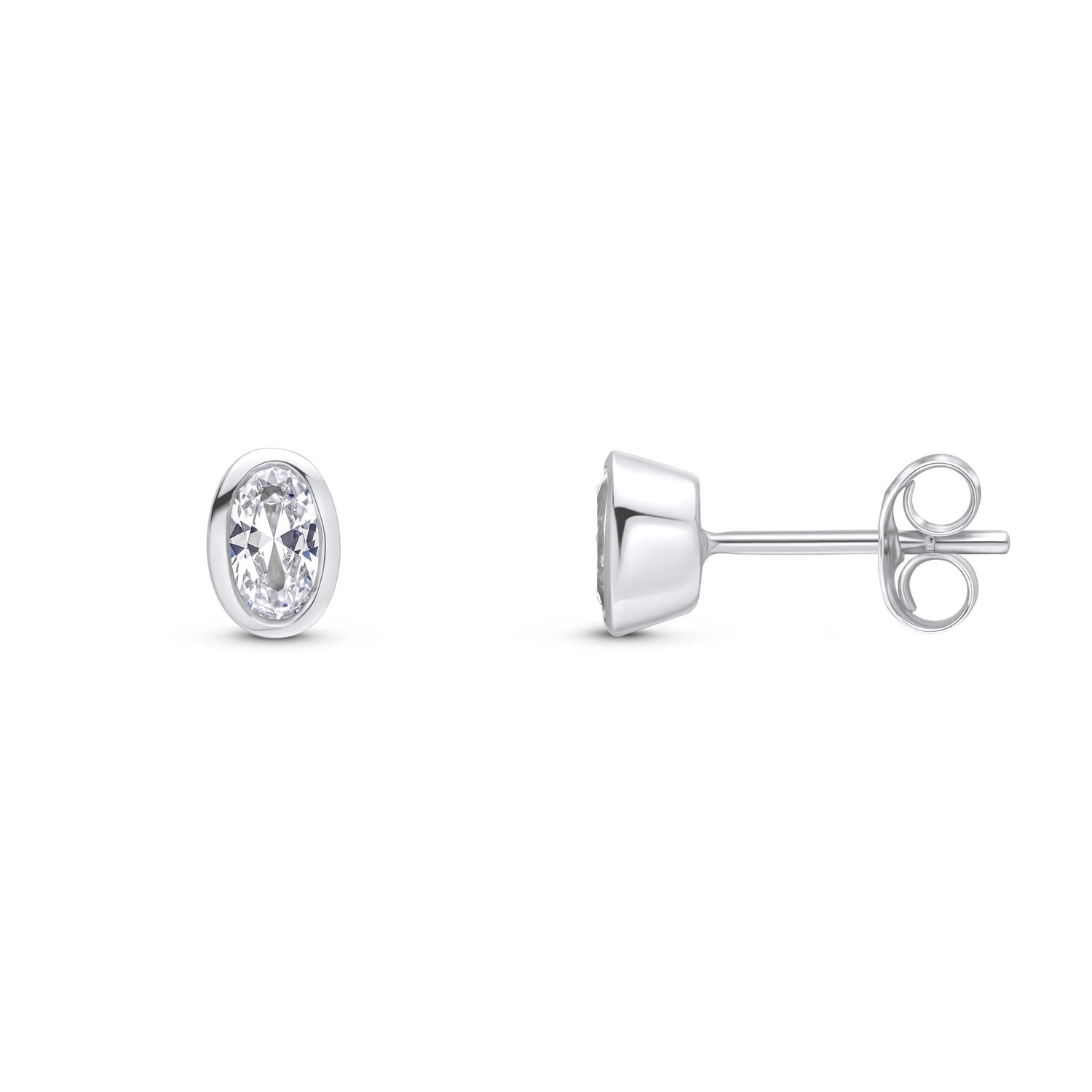 9ct White Gold Oval Cubic Zirconia Rubover Stud Earrings — 5x3mm