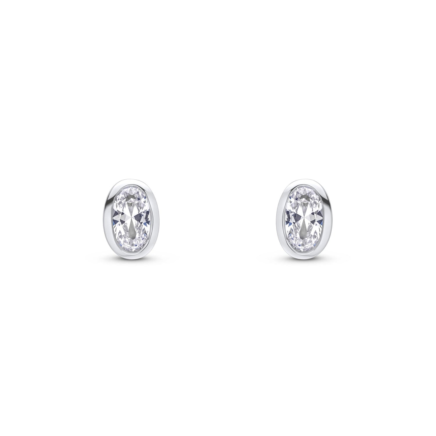 9ct White Gold Oval Cubic Zirconia Rubover Stud Earrings — 5x3mm