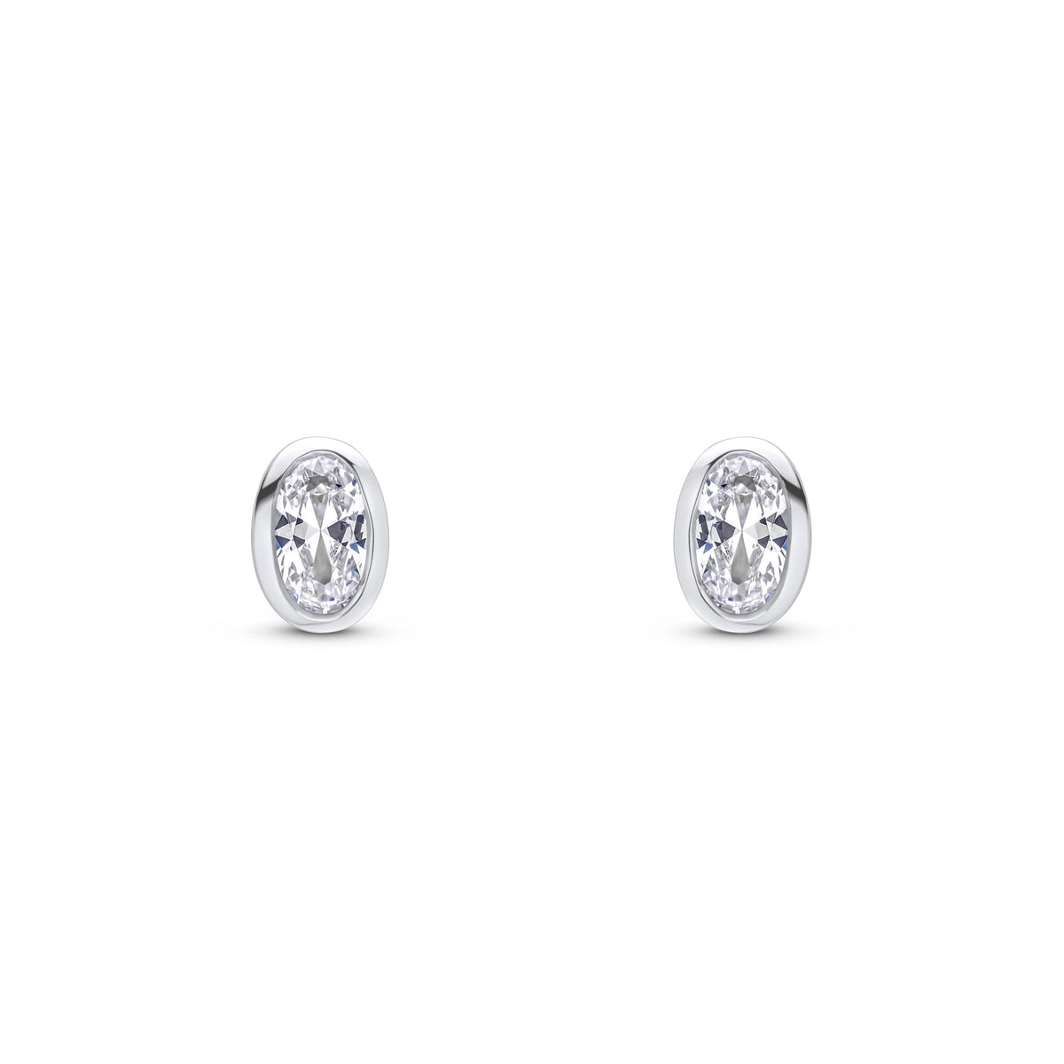 9ct White Gold Oval Cubic Zirconia Rubover Stud Earrings — 5x3mm