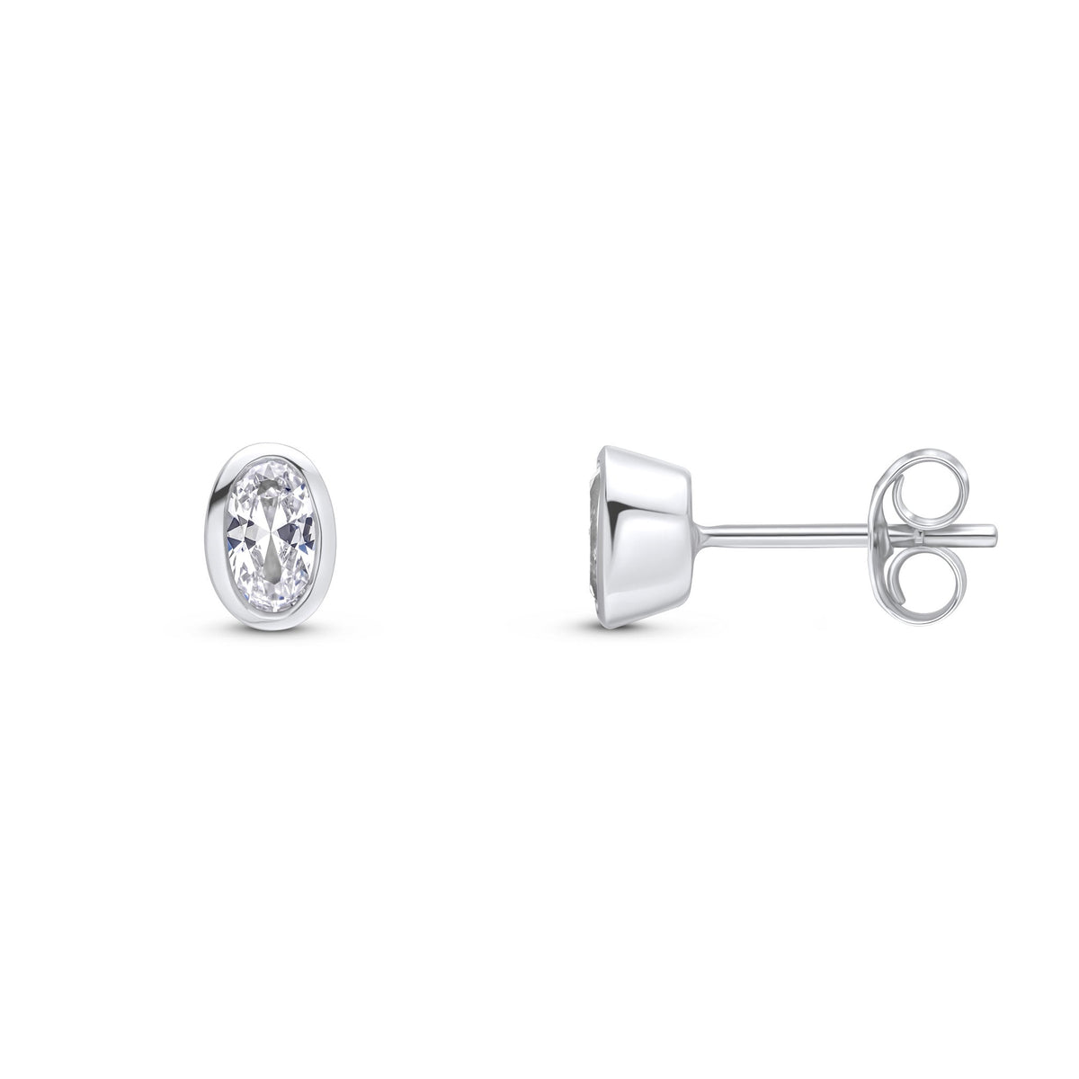 9ct White Gold Oval Cubic Zirconia Rubover Stud Earrings — 5x3mm