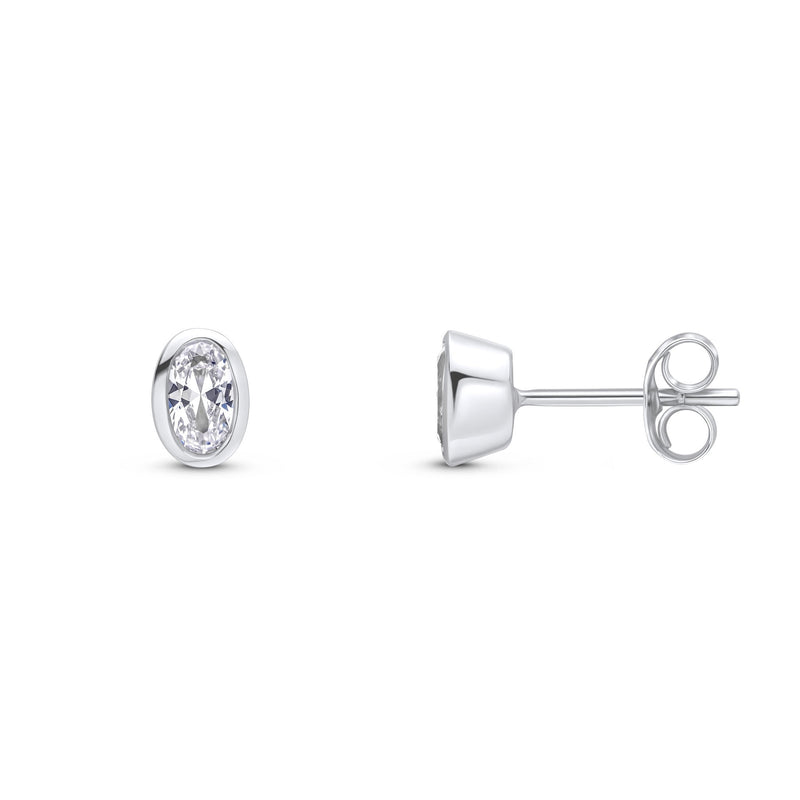 9ct White Gold Oval Cubic Zirconia Rubover Stud Earrings — 5x3mm