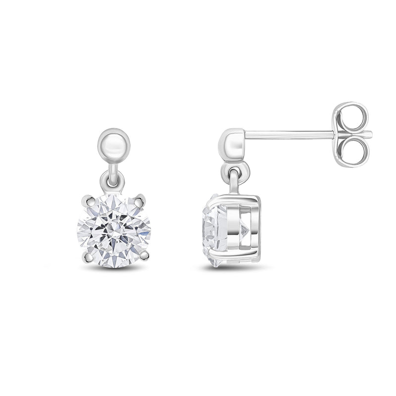 9ct White Gold Round Cubic Zirconia CZ Claw Drop Earrings with Bead Top — 6mm