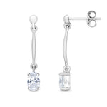 9ct White Gold Oval Cubic Zirconia CZ Claw Bar Drop Earrings — 6x4mm