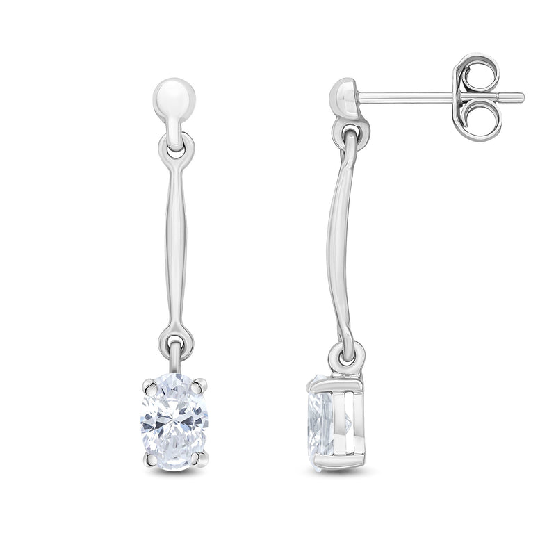 9ct White Gold Oval Cubic Zirconia CZ Claw Bar Drop Earrings — 6x4mm