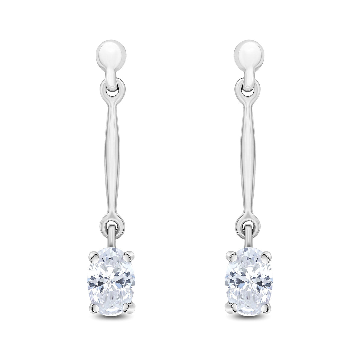 9ct White Gold Oval Cubic Zirconia CZ Claw Bar Drop Earrings — 6x4mm