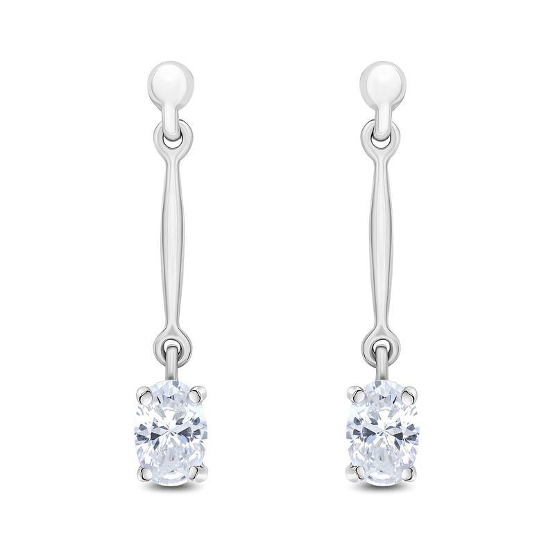 9ct White Gold Oval Cubic Zirconia CZ Claw Bar Drop Earrings — 6x4mm