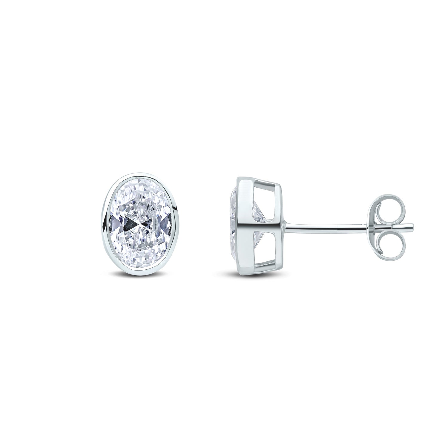9ct White Gold Oval Cubic Zirconia Rubover Stud Earrings — 7x5mm