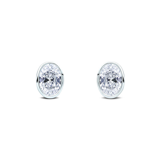 9ct White Gold Oval Cubic Zirconia Rubover Stud Earrings — 7x5mm