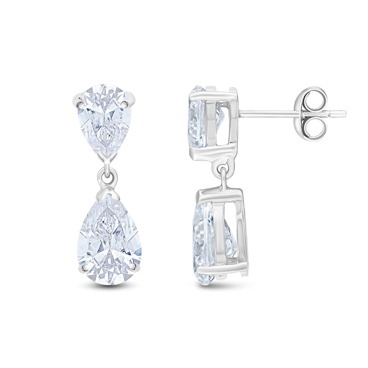 9ct White Gold Pear Shaped Cubic Zirconia CZ Two Stone Claw Drop Earrings — 9x6mm