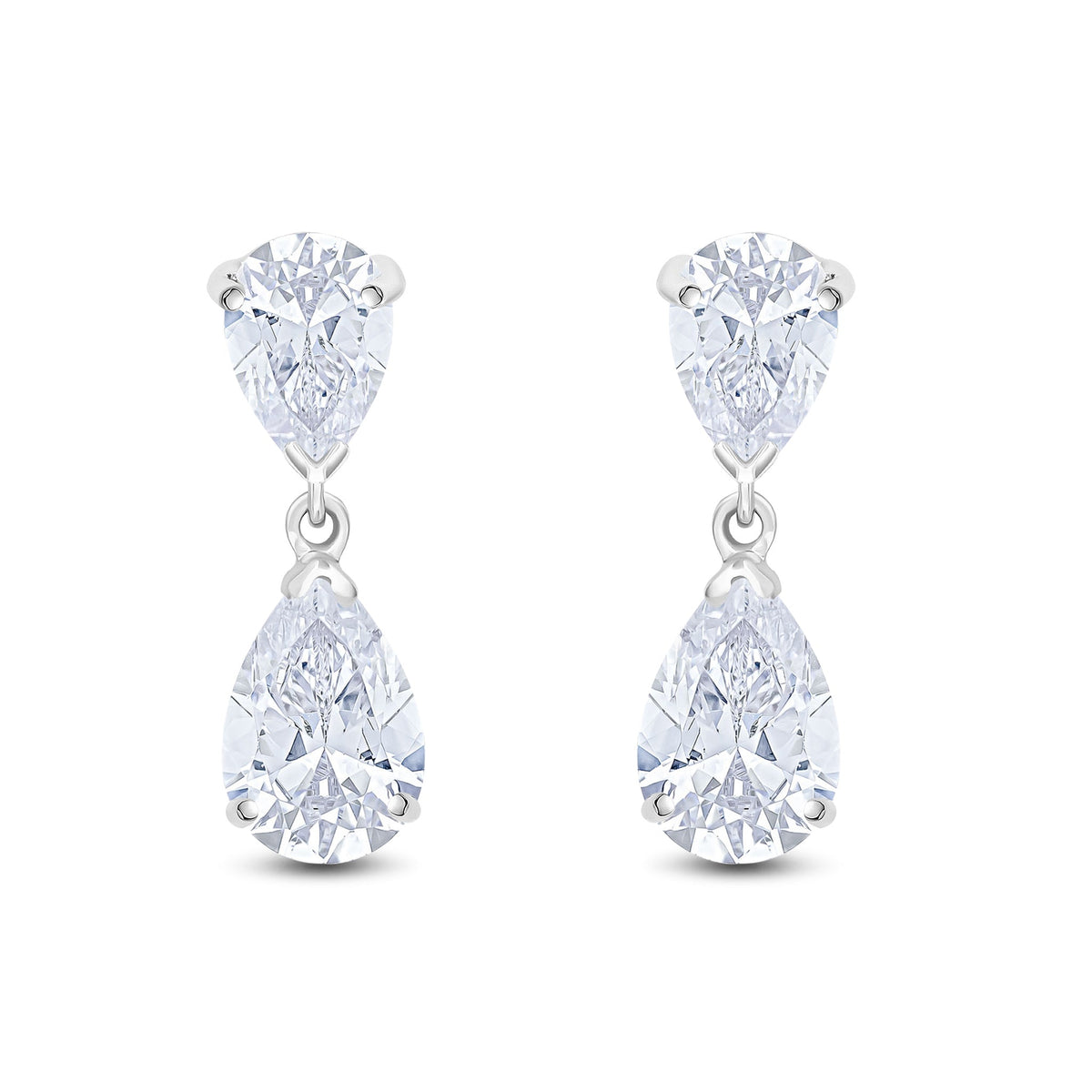 9ct White Gold Pear Shaped Cubic Zirconia CZ Two Stone Claw Drop Earrings — 9x6mm