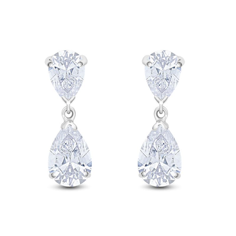 9ct White Gold Pear Shaped Cubic Zirconia CZ Two Stone Claw Drop Earrings — 9x6mm