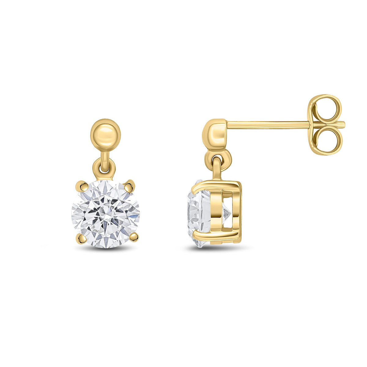 9ct Yellow Gold Round Cubic Zirconia CZ Claw Drop Earrings with Bead Top — 6mm