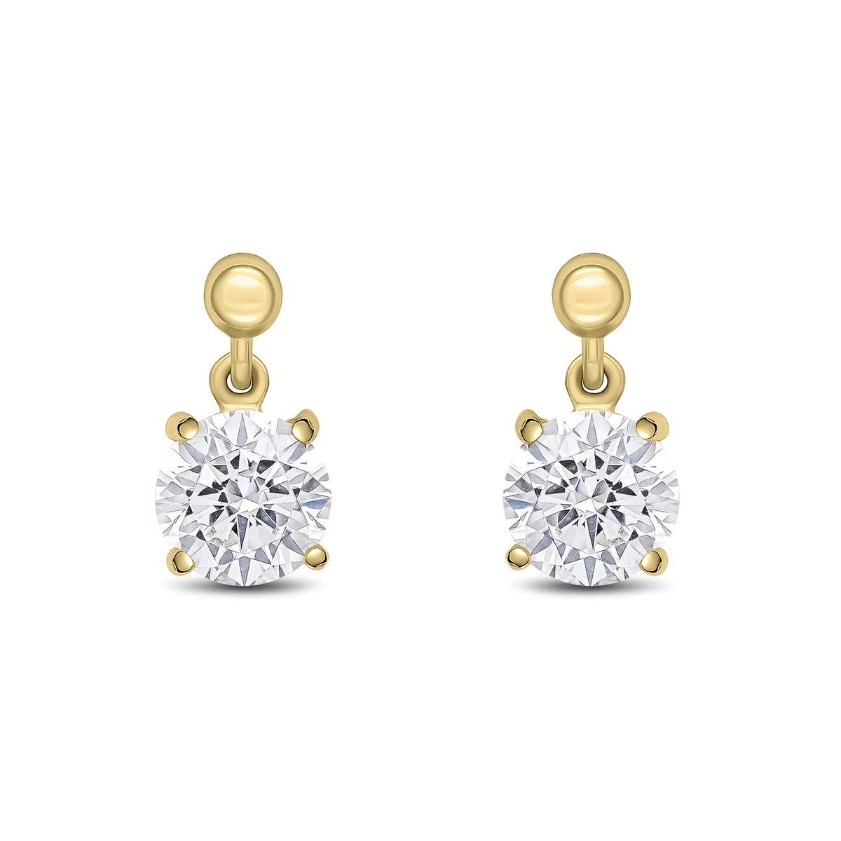 9ct Yellow Gold Round Cubic Zirconia CZ Claw Drop Earrings with Bead Top — 6mm