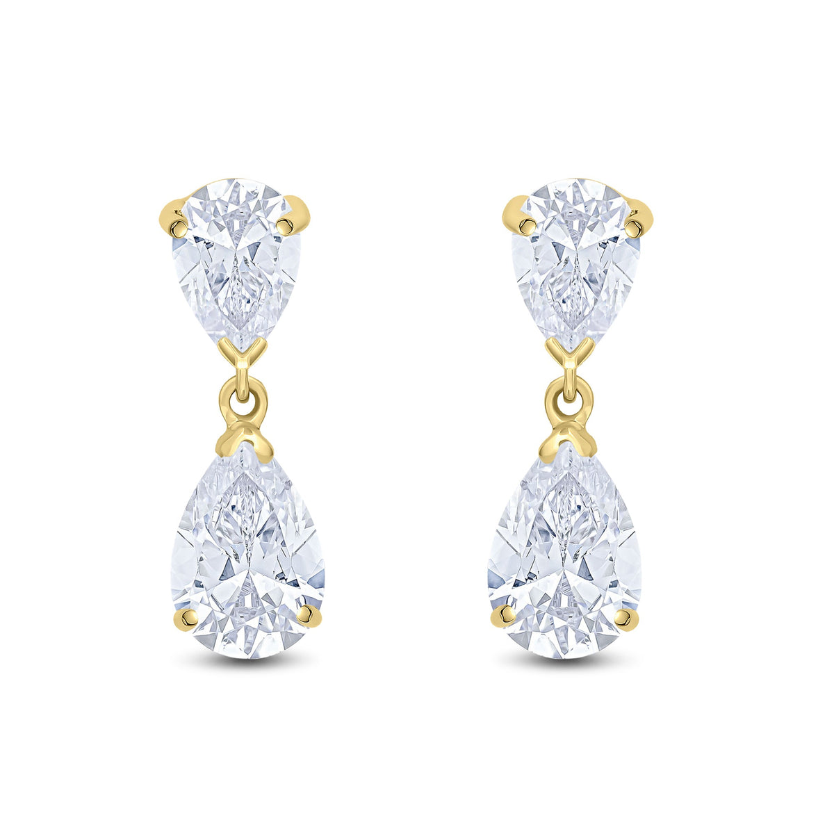 9ct Yellow Gold Pear Shaped Cubic Zirconia CZ Two Stone Claw Drop Earrings — 9x6mm