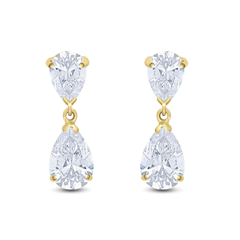 9ct Yellow Gold Pear Shaped Cubic Zirconia CZ Two Stone Claw Drop Earrings — 9x6mm