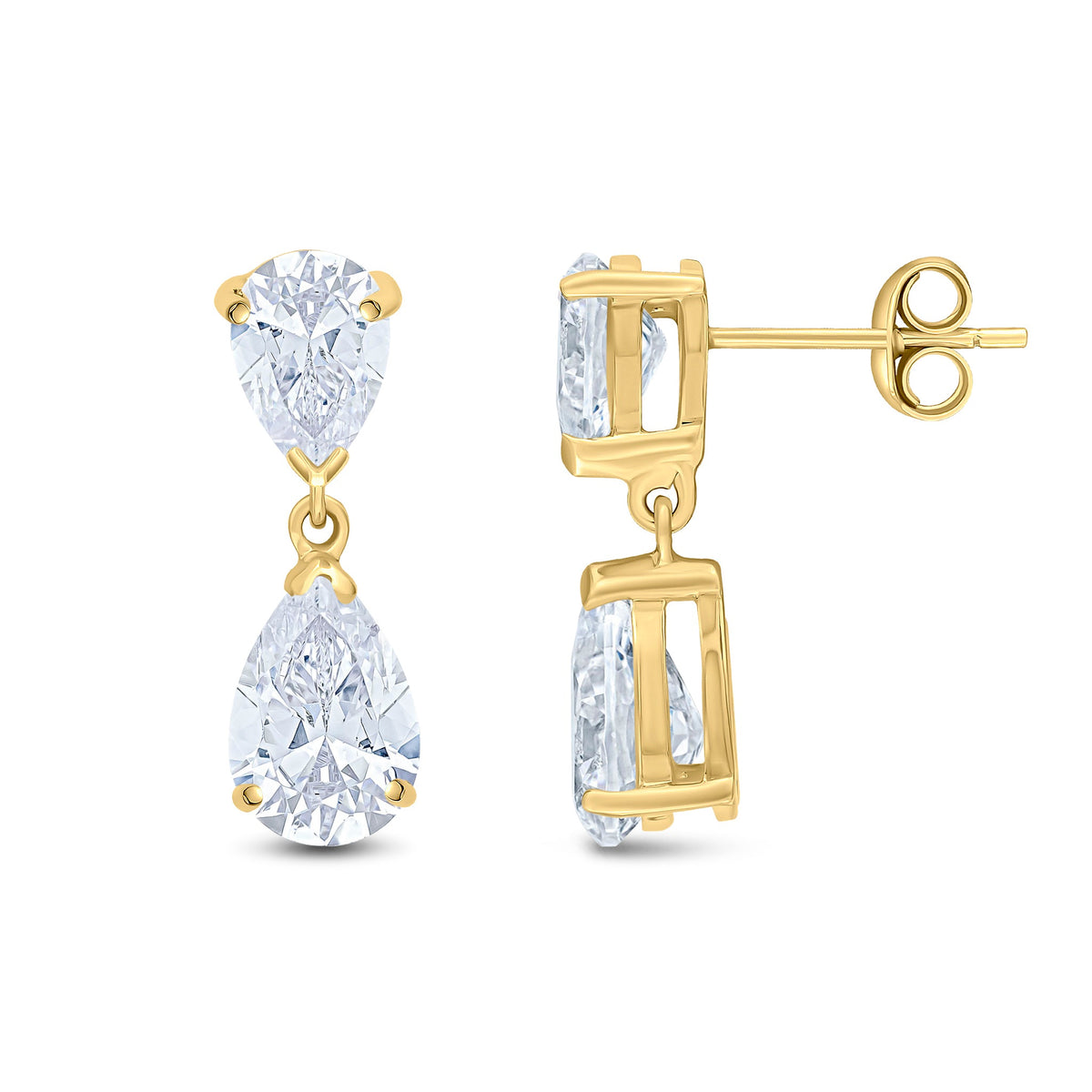 9ct Yellow Gold Pear Shaped Cubic Zirconia CZ Two Stone Claw Drop Earrings — 9x6mm