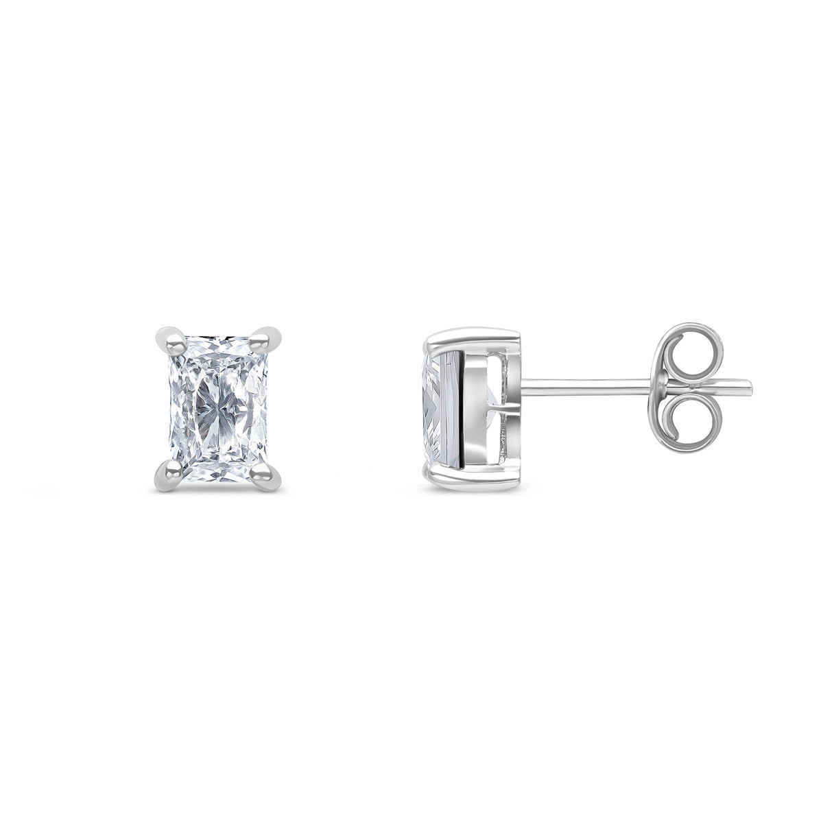 9ct White Gold Octagon Emerald Cut Cubic Zirconia CZ Claw Stud Earrings — 6x4mm